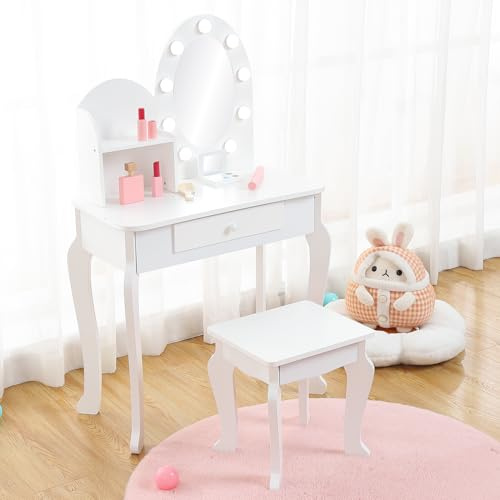Aptliton Kids Dressing Table with Lighted Mirror & Stool, Girls Vanity Desk with Drawer & Open Shelves, Little Princess Makeup Desk for Bedroom, Suitable for Ages 4-9, White