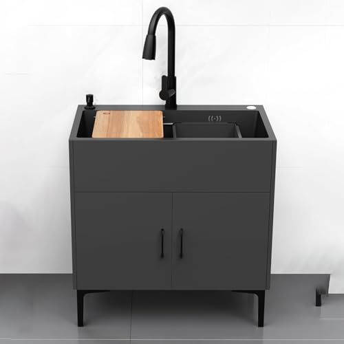 Meuble d'évier de cuisine utilitaire avec robinet extractible chaud et froid, parfait pour garage, restaurant, buanderie, usage commercial (gris 172 x 101 x 198 cm)
