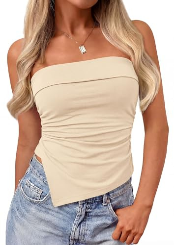 PRETTYGARDEN Going Out Tube Tops for Women Trendy Summer 2026 Asymmetrical Ruched Strapless Bandeau Shirts Spring Clothes (Beige,Large)