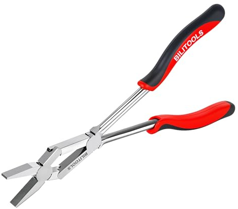 BILITOOLS 13 Extra Long Flat Nose Pliers, Double Joint Long Reach Tool with Serrated Jaws, Extended Reach Hand Tool for Tight Spaces and Hard-to-Reach Areas