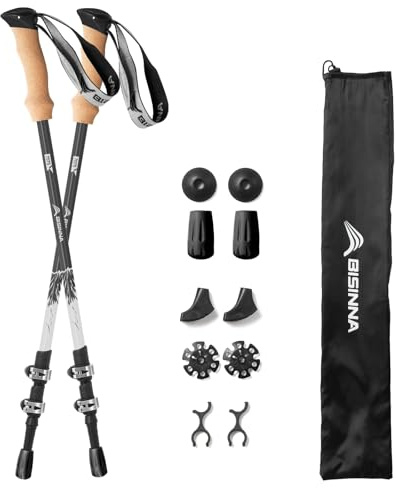 BISINNA Wanderstöcke, 135cm Teleskop Trekkingstöcke aus Aluminium, Korkgriff, 2 Stück, Unisex für Erwachsene, Wandern Nordic Walking Skitouren (schwarz)