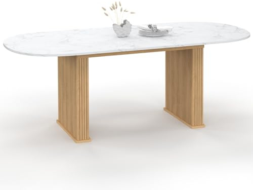 IDMarket – Mesa de comedor extensible ovalada Julieta 6-10 personas, patas efecto lamas y bandeja efecto mármol Alaska 160-200 cm