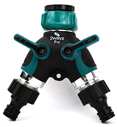 2WAYZ Hose Splitter - 2 Way Heavy Duty Garden Faucet Y Splitter with Shut Off Valve - All Metal Hose Bib Connector - Durable Outdoor Water Tap Adapter for Gardening, Lawn, Home Irrigation