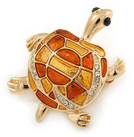 Broche tortue en émail plaqué or et cristal – 40 mm L, taille unique, émail, diamante