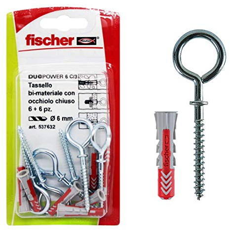 Fischer 537632 Dübel mit geschlossenem Ösenhaken, Duopower, Grau und Rot, 6 x 30 mm, 6 Stück je Packung