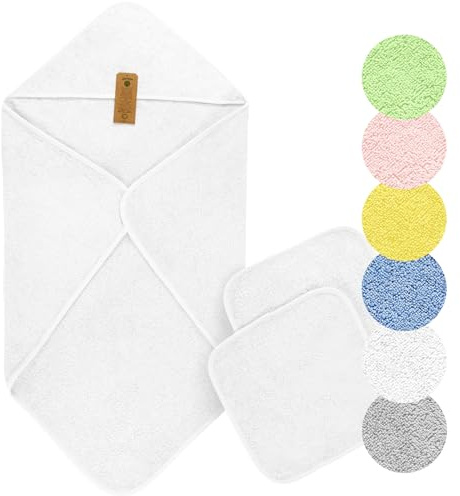 Arus Baby-Kapuzenhandtuch-Set aus Bio-Baumwolle mit 2 Baby-Waschlappen, Weiß, 90 X 90 cm