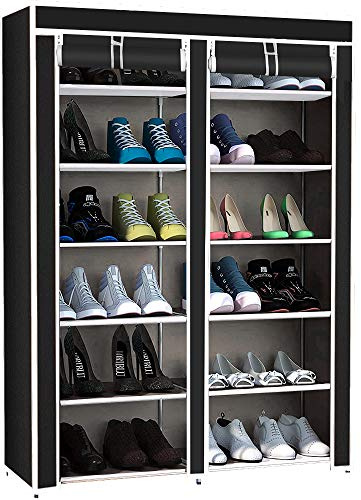 Zapatero Armario tela con cremallera entrada recibidor o garaje Grande 36 pares. 110x110x30cm. Doble. 6x2 Niveles. Estantería organizadora de zapatos y botas. Tubos de acero. Estable y robusto.
