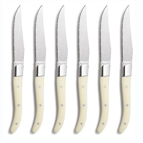COMAS CHULETEROS HQ Set 6 COLTELLI Steak MICROSEGHETTATO ACR Manico White