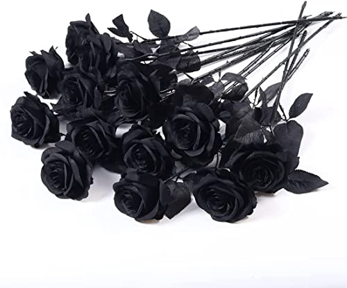 Laelfe 12 Pcs Rose Nera Finte, Bouquet Fiori Finti di Rosa con Steli Lunghi, Rosa Nere Finta per Halloween Decorazioni Composizioni di Nozze Casa Giardino Partito (Nera)