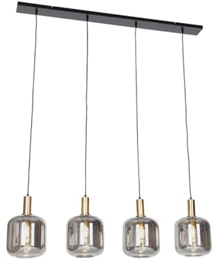 Qazqa - Design Hängelampe I Pendellampe I Pendelleuchte schwarz mit Gold I Messing mit Rauchglas 4-flammig - Zuzanna I Wohnzimmer I Schlafzimmer - Länglich - LED geeignet E27