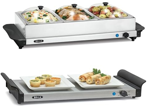 BELLA 4.5 Quart Triple Electric Buffet Server, Food Warming Tray & Slow Cooker - Brushed Stainless Steel Heated Serving Station for Parties & Catering