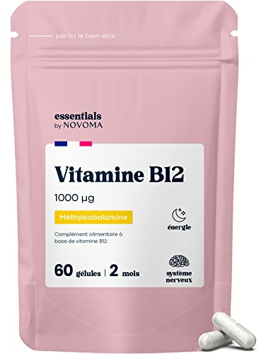 Vitamine B12 1000 µg Vegan, Cure de 2 mois, Réduit la Fatigue & Soutient le Système Nerveux, 60 Gélules Végétales, 100% Méthylcobalamine Pure, Fabriqué en France, Essentials by Novoma