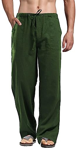 perdontoo Enfärgade linnebyxor för män, avslappnad passform, vardagliga yogabyxor, raka ben, byxor, Mörkgrön, S