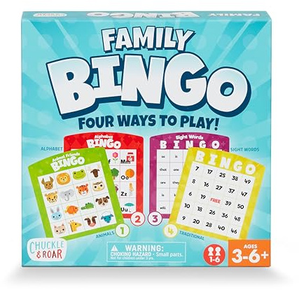 Chuckle & Roar Family Bingo – 4-in-1 Educational Bingo Game for Kids Ages 3–6+ | Animal, Alphabet, Sight Word & Number Bingo | 1–6 Players