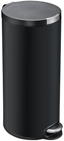 PROREGAL Runder Treteimer mit Kunststoffdeckel mit Edelstahlakzenten | 30 Liter, HxØ 65x29,2cm | Schwarz