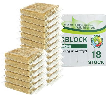 Energieblock Vogelfutter Wildvögel Ganzjährig – mit proteinreichen Insekten– Fettfutter für Wildvögel und Eichhörnchen, Fettblock mit Mehlwürmern – Wildvogelfutter, 18 x 300g