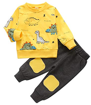Geagodelia Tenue Bébé Garçon Bébé Vêtements Automne Hiver Combinaison Impression Dinosaure Manches Longues Sweat-shirt Pantalon Ensemble Jaune