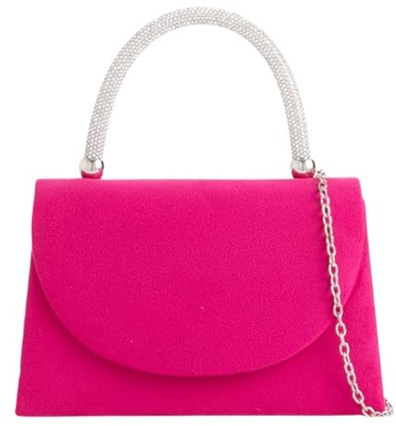 Bolso de mano de gamuza con asa superior de diamantes para novia, graduación, boda, noche, fiesta, bolso de mano, rosa fucsia, medium