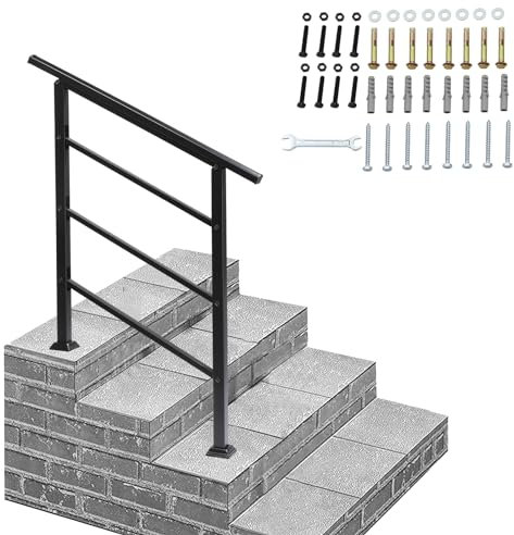 Wrought Iron Handrails with Installation Kit, Fit 1 or 3 Steps Outdoor Stair Railing, Flexible Porch Railing, Black Transitional Handrails for Concrete Steps or Wooden Stairs