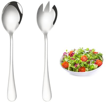 2Pcs Stainless Steel Salad Servers Metal Salad Spoon Set Heavy Duty Salad Spoon Fork Serving Set Mirror Polish Salad Tableware Cutlery Set for Fruit Picnic