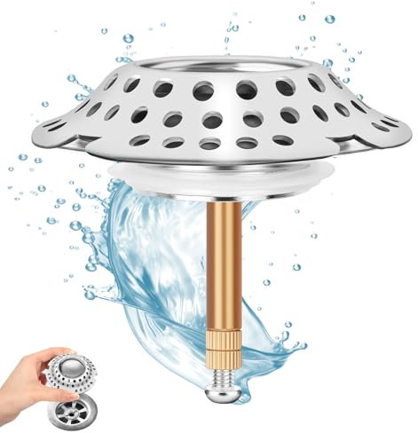 YHANEC Tappo per vasca da bagno 2 in 1 con filtro per capelli, filtro per capelli, adatto per tappo di scarico da 38 a 44 mm, regolabile in altezza