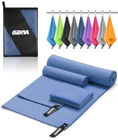 Set di 3 asciugamani in microfibra (180 x 60 cm grande + 2 pezzi 80 x 40 cm Small Towel), asciugamano da viaggio, sport ad asciugatura rapida in microfibra per fitness sauna (blu scuro, 180 x 60 + 80