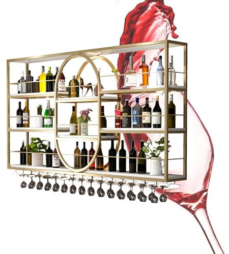 Weinregal Wand Metall mit Licht Flaschenregal Schmal Wine Rack Weinschrank für Hausbar Barschrank mit Weinglashalter Weinständer Getränke Regal Vitrine Hängend für Bartheke Wohnzimmer Küche(Gold,180*2