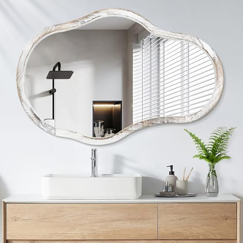 Lzuso Cadre en Bois irrégulier Miroir Mural asymétrique Unique Forme Nuage Moderne Vague décoratif Grande Vague Art Déco