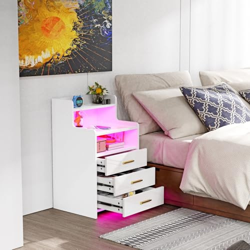 ARunThLana Comodino con illuminazione a LED, comodino bianco lucido con 3 cassetti, 2 prese AC, 2 porte USB, moderno, per soggiorno, camera da letto, ufficio