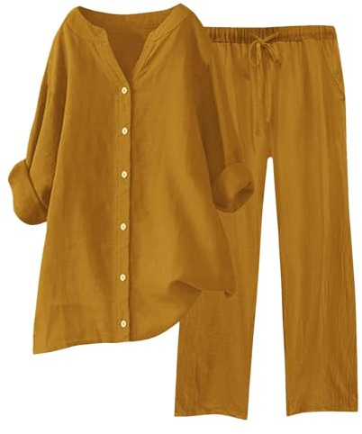 Conjunto de mujer deportivo a juego de algodón y lino de verano, chándales de gimnasia informales, elegantes, ligeros, camisa + pantalones de playa, mangas 3/4, juego de playa, para correr, cómodo