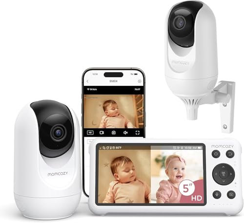 momcozy Babyphone mit 2 Kamera App, 5 Zoll WLAN Video Babyphone mit Kamera und Audio, 4×Zoom, Bewegungs und Weinenkennung, sicherer Zaun, klare Nachtsicht, 2-Wege-Gespräch, Foto & Videoaufzeichnung