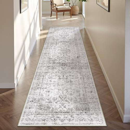 PureCozy Teppich Grau Läufer Flur 60x240cm Waschbar Vintage KüChenläUfer Schlafzimmer Wohnzimmer Teppiche Kurzflor Weich rutschfest Bettvorleger Teppichläufer Esszimmer Carpet