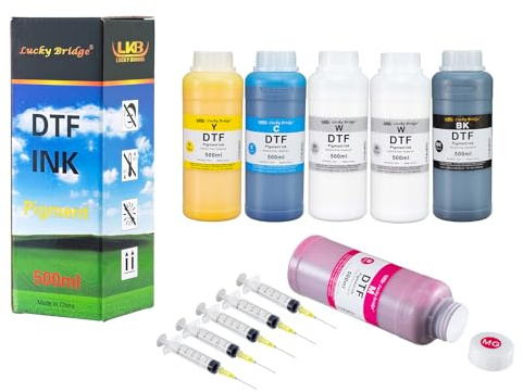LKB 6x500ml DTF ink premium pigment ink for PET film heat transfer printing refill ink for all DTF printer with printhead DX5 DX7 5113 XP600 I3200 etc (2White 1Black 1Cyan 1Magenta 1Cyan 3000ml)