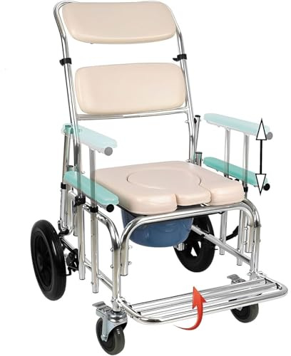 Fauteuil roulant à dossier haut, chaise percée inclinable à 180 °, chaise percée de salle de bain, chaise de chevet réglable avec chariot multifonction pour se reposer pour adultes handicapés