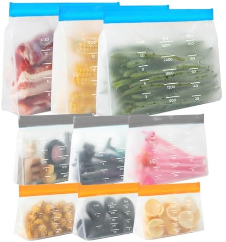 9 Stück Wiederverwendbare PEVA-Lebensmittelbeutel, Wiederverwendbare Gefrierbeutels, PEVA Gefrierbeutel Wasserdicht, Gefrierbeutel Wiederverwendbar, für Gemüse, Fleisch, Snack (625ml, 1250ml, 3000ml)