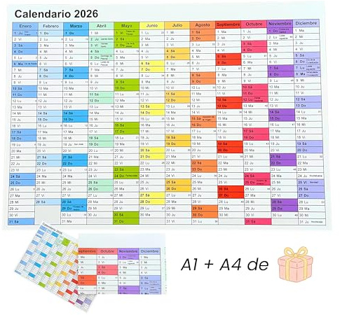 CAMALEON GRAFIC Calendario 2026 de Pared A1 (89x63 cm) + Mini Calendario A4 Gratis, Diseño Colorido con Fechas Grandes, Papel Grueso 150 g Ideal para Oficina, Hogar y Aulas, Mapa Anual Completo