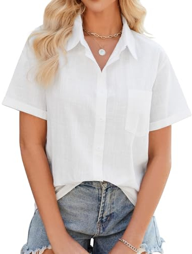 UMIPUBO Camicia Donna Estiva Camicetta Manica Corta Cotone da Donna Elegante Blusa Scollo V Casual Bottone Camicie Maglietta Versatile Top Tinta Unita Shirt Classico (Bianco, M)