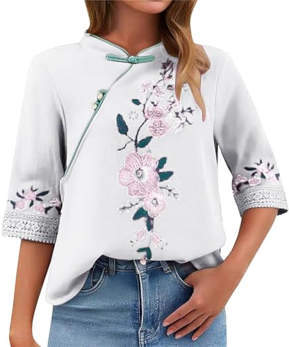 Generico Blusa Donna Estiva Eleganti Top Elegante Cerimonia Top Estivo da Donna in Cotone E Pizzo Cinese con Colletto Inclinato,Bottoni in Stile retrò Ricamati A Sette Bottoni Maglia Elegante