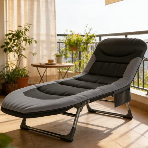 JHYCCDD Camping Cot for Adults, Foldable cots for Adults, Adjustable Reclining Lounger Sleeping Cot Bed with Padded Mattress for Camping, Travel, Garden,Supports 353 LBS (Grey Bed)