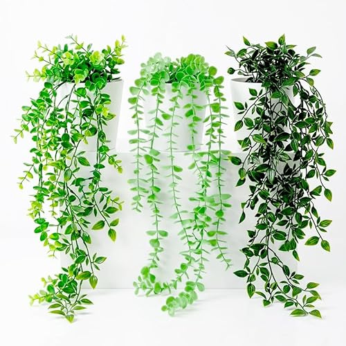 EXYSH Artificial Hanging Plants Set of 3 – Fake Ivy in White Pots for Decor | REALISTIC TRAILING IVY – UV-resistant hanging plants with white pots for shelves, patios, bathrooms, offices & homes.