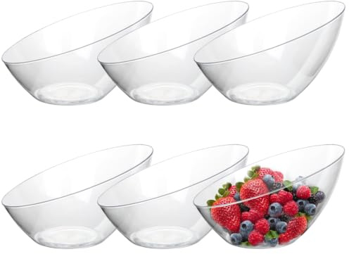 ICEBLUEOR 6 Clear Reusable Plastic Angled Serving Bowls, BPA-Free Stackable Salad Bowls Dessert Bowls Mixing Bowls for Candy, Chips, Fruit, Prep, Parties, Weddings, Catering, Home Kitchen Use