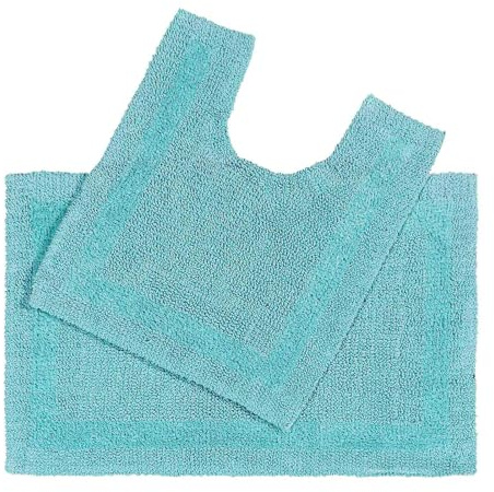 Homescapes 2-TLG. Badematten-Set Aqua, Badematte 50x80 cm & WC-Vorleger mit Ausschnitt 50x55 cm, Baumwoll-Badteppiche mit Wende-Design