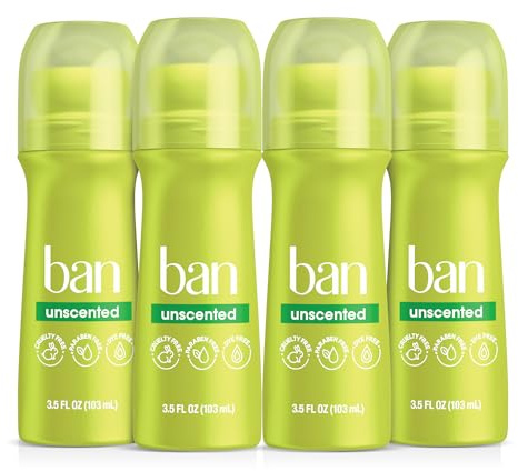 Ban Invisible Roll-on Antiperspirant Deodorant for Women and Men, 24-hour Underarm Odor & Sweat Protection, Unscented, 3.5 Oz, Pack of 4