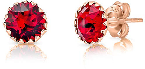 Pendientes Mujer Plata de Ley 925 Chapados Oro Rosa 18K con Brillantes de Cristal Rojos 6 mm - Pendientes de Botón Oro Rosa