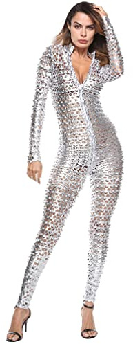 Junhouse Damen Catsuit Wetlook Body MIt Loch-Struktur aus Lackleder Reizvoll Overall Bodysuit Sexy Jumpsuit Reißverschluss Hosenanzug Wetlook (XL,silber)