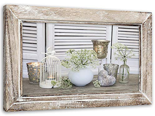 Feeby Bilder Blumen Shabby Chic XXL 120x80 cm 1Teilig Vlies Wandbilder Leinwandbilder Bild auf Leinwand Design Kunstdruck Wanddeko Wohnzimmer Schlafzimmer Vintage Rustikal Beige