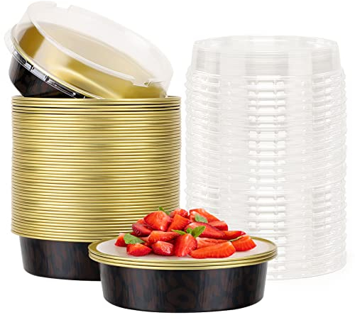 Beasea Lot de 50 mini poêles rondes en aluminium de 10,2 cm avec couvercles, 227,8 g pour cupcakes, desserts, muffins, ramequins et quiches, plats au four