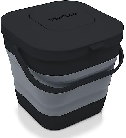 YourCasa® Faltbarer Biomülleimer 4L - kompakter Bio Mülleimer mit geruchsdichtem Aktivkohlefilter-Deckel - spülmaschinenfest & platzsparend - ideal für Küche, Camping & Wohnmobil (Schwarz)