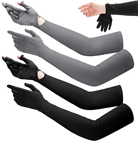 Yahenda 2 Pairs Women UV Long Sun Protection Gloves Touchscreen Arm Sun Driving Gloves UPF 50+ for Outdoor Sports Cycling (Gray, Black)