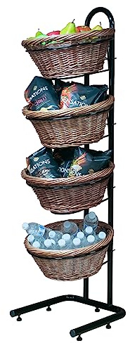 Basket Stand - 4 Tier Wicker Basket Stand Display for Bread, Crisps, Snacks . Black Frame (DA1) (No Wheels)